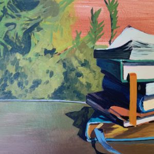 Stack of Books in the Sun, books, acrylic painting, original art for sale, Leigh Ann Torres, Austin artist
